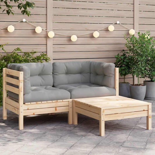 Set Divani da Giardino 3 pz con Cuscini Grigi Massello di Pino | homemem39