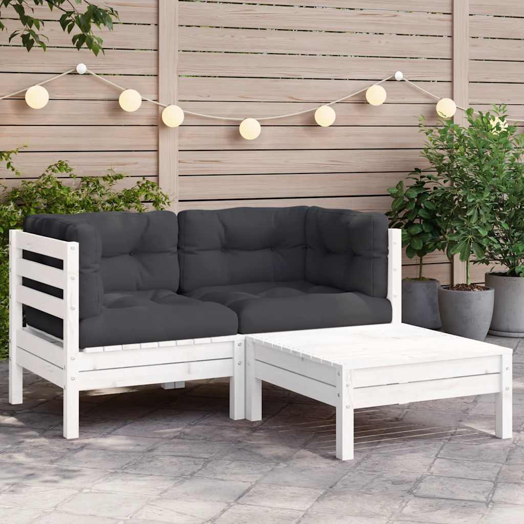 Set Divani da Giardino 3 pz con Cuscini Bianco in Massello Pino | homemem39