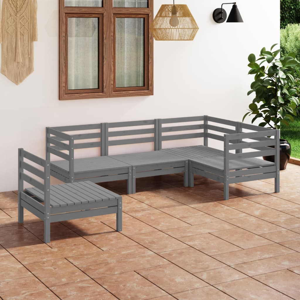 Set Salotto da Giardino 5 pz in Legno Massello di Pino Grigio