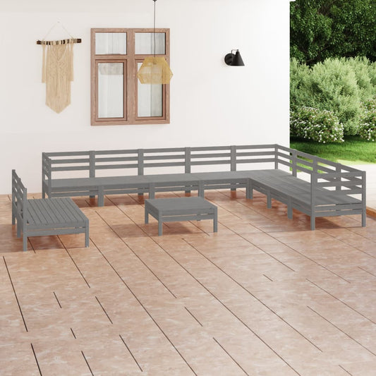 Set Salotto da Giardino 11 pz in Legno Massello di Pino Grigio