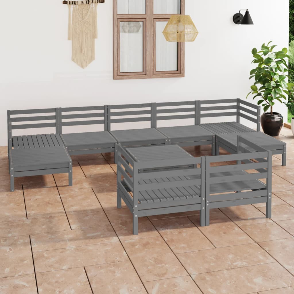 Set Salotto da Giardino 10 pz in Legno Massello di Pino Grigio - homemem39