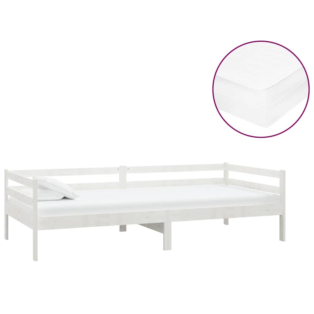 Divano Letto con Materasso 90x200 cm Bianco in Legno di Pino