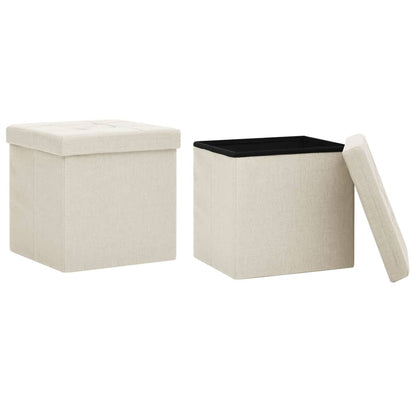 Pouf con Contenitore Pieghevoli 2 pz Bianco Crema in Simil Lino - homemem39