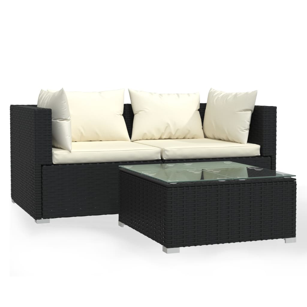 Set Divani da Giardino 3 pz con Cuscini Nero in Polyrattan | homemem39