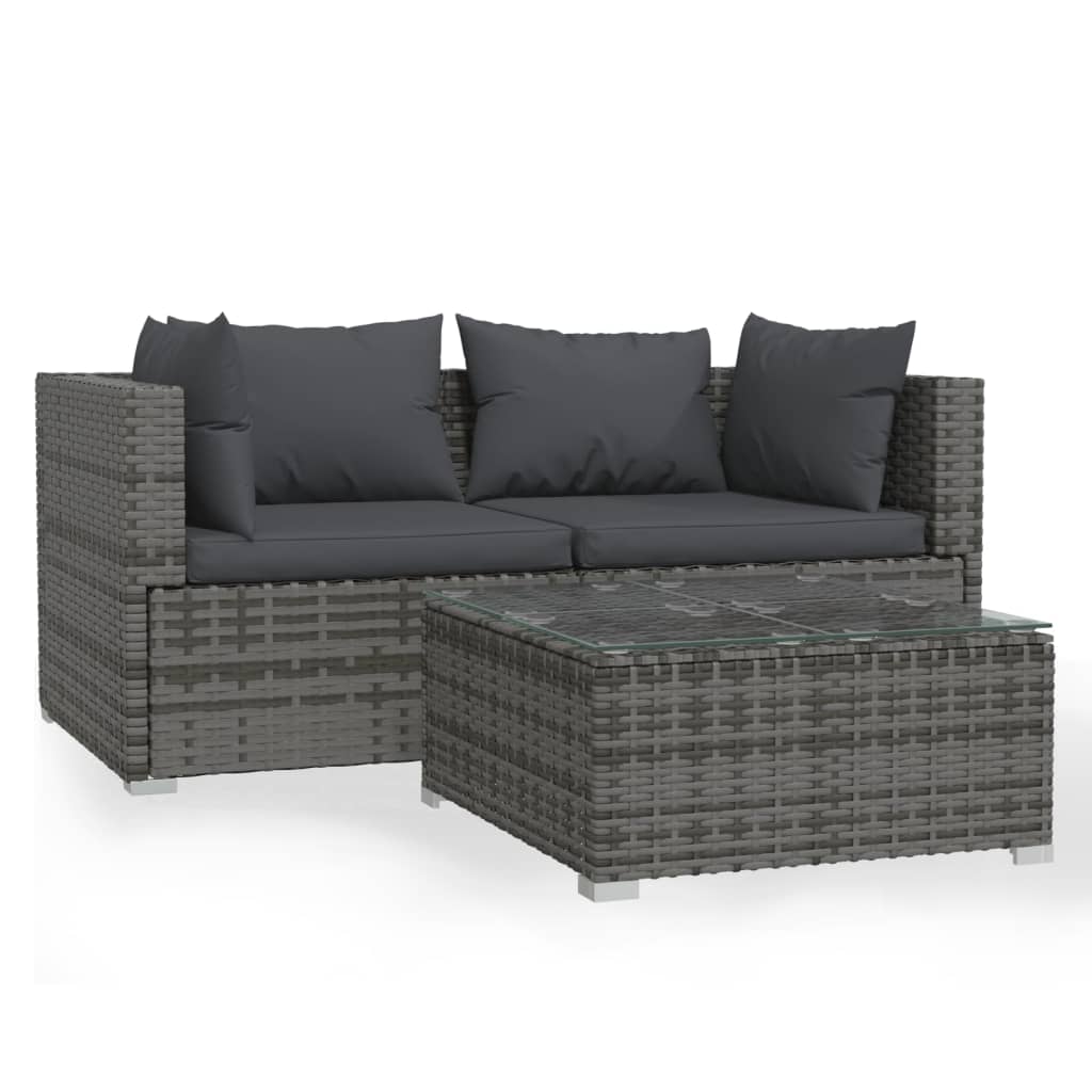 Set Divani da Giardino 3 pz con Cuscini in Polyrattan Grigio | homemem39