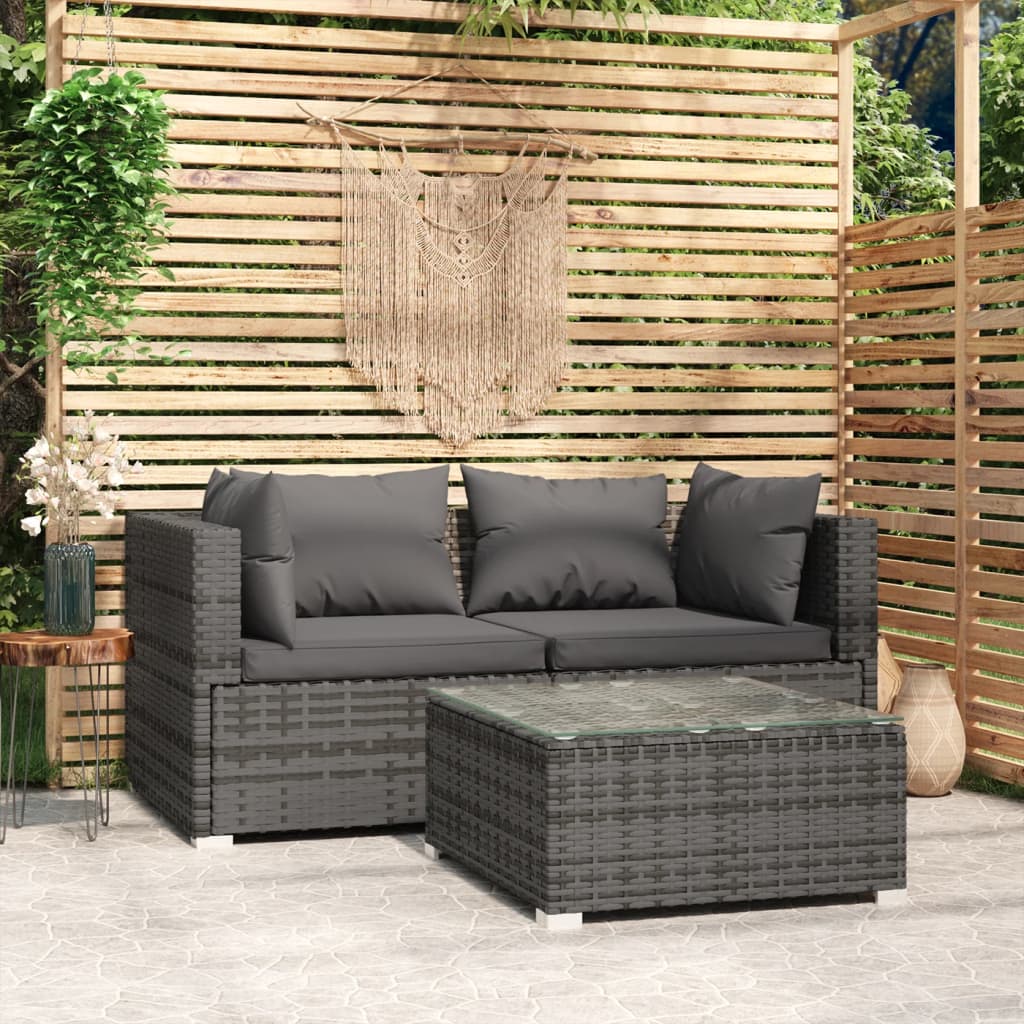Set Divani da Giardino 3 pz con Cuscini in Polyrattan Grigio | homemem39