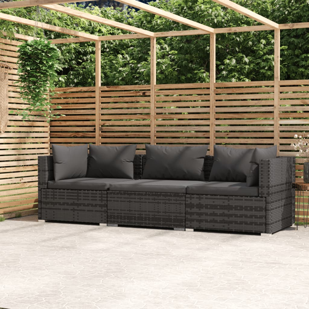 Divano a 3 Posti con Cuscini in Polyrattan Grigio