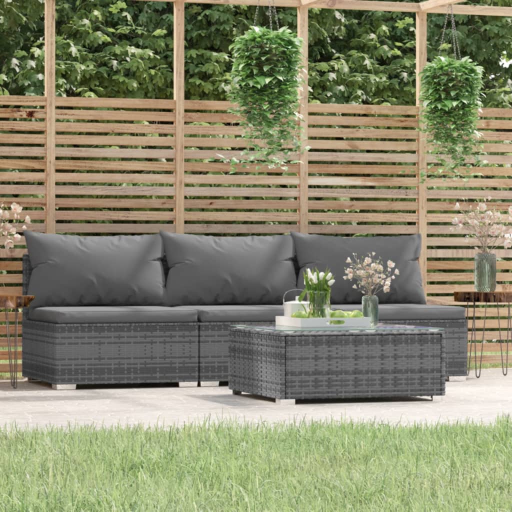 Set Divani da Giardino 4 pz con Cuscini in Polyrattan Grigio