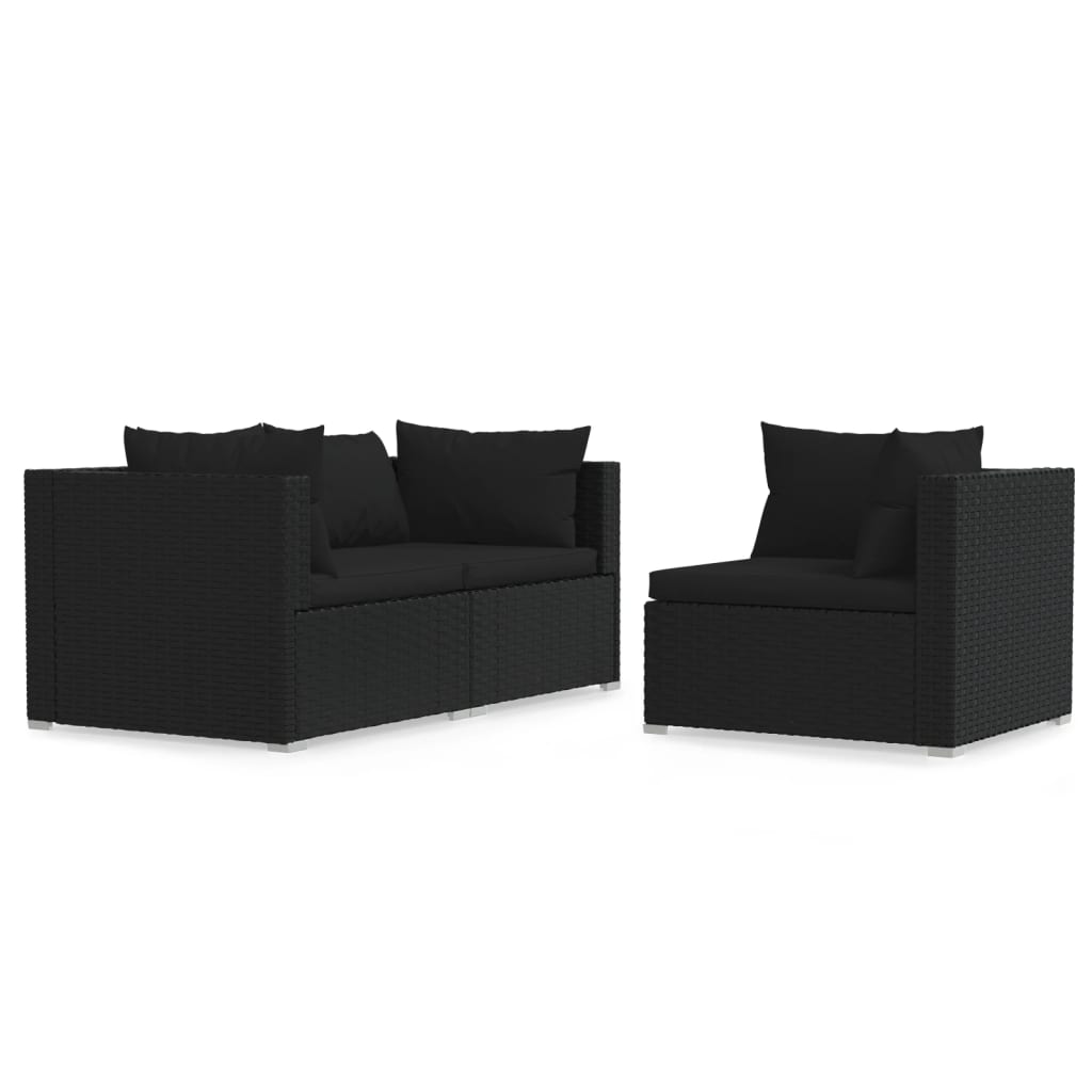 Set Divani da Giardino 3 pz con Cuscini in Polyrattan Nero | homemem39
