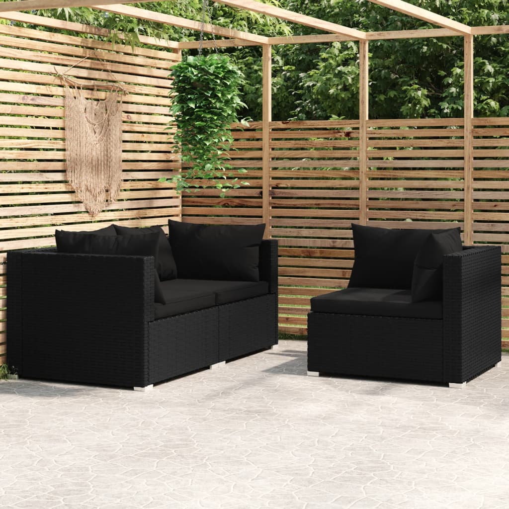 Set Divani da Giardino 3 pz con Cuscini in Polyrattan Nero | homemem39