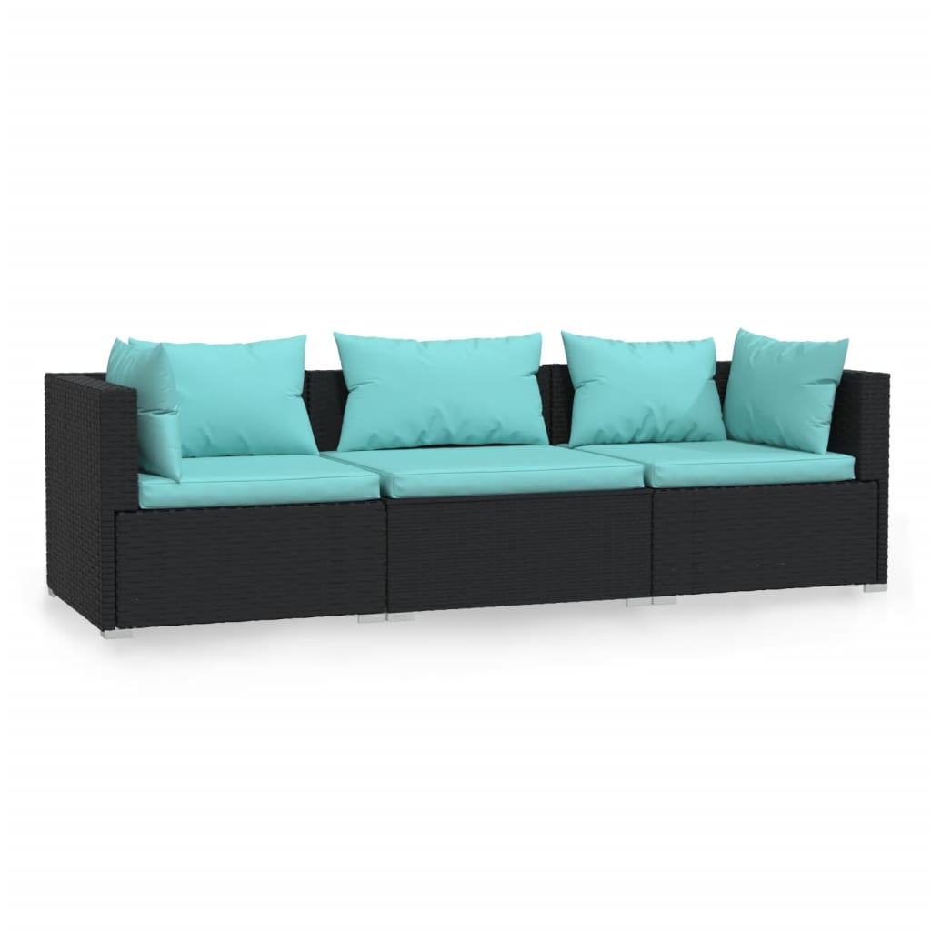 Divano a 3 Posti con Cuscini in Polyrattan Nero | homemem39