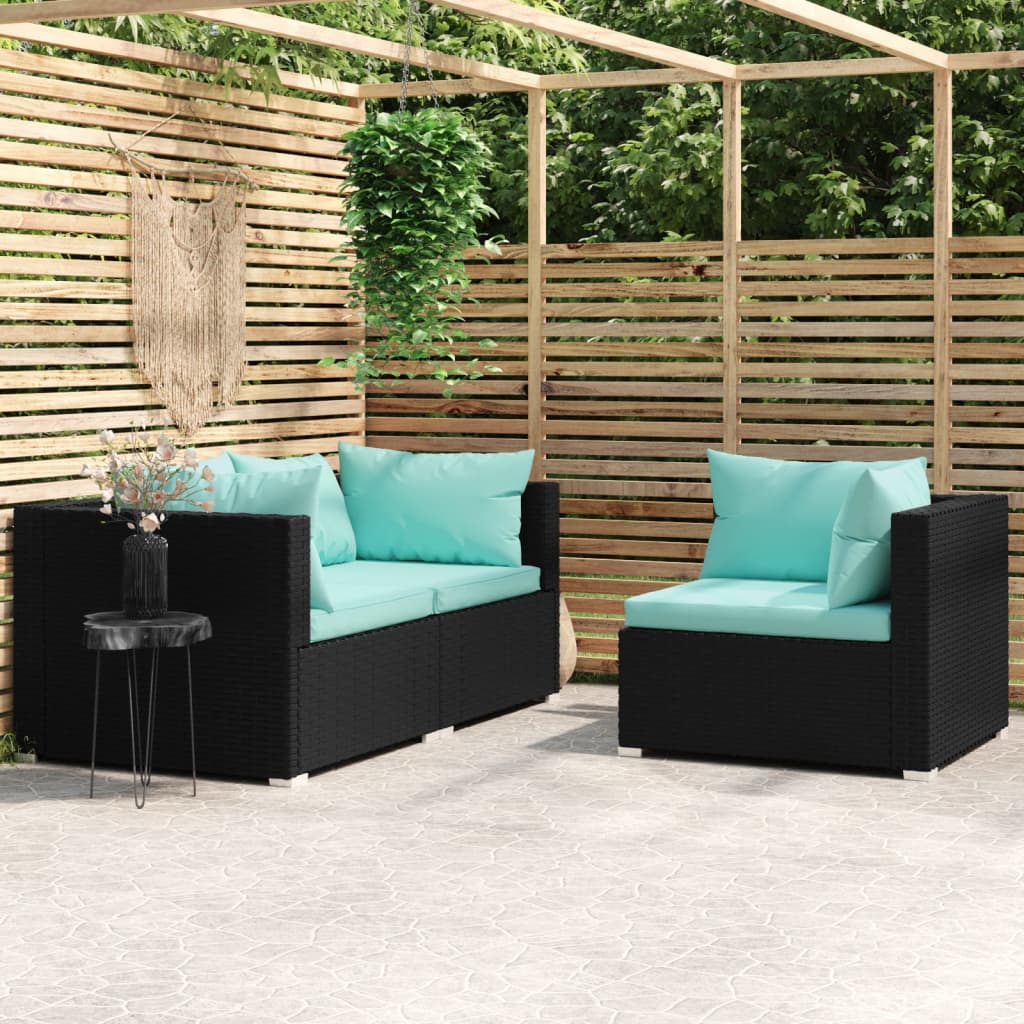 Set Divani da Giardino 3 pz con Cuscini Nero in Polyrattan - homemem39