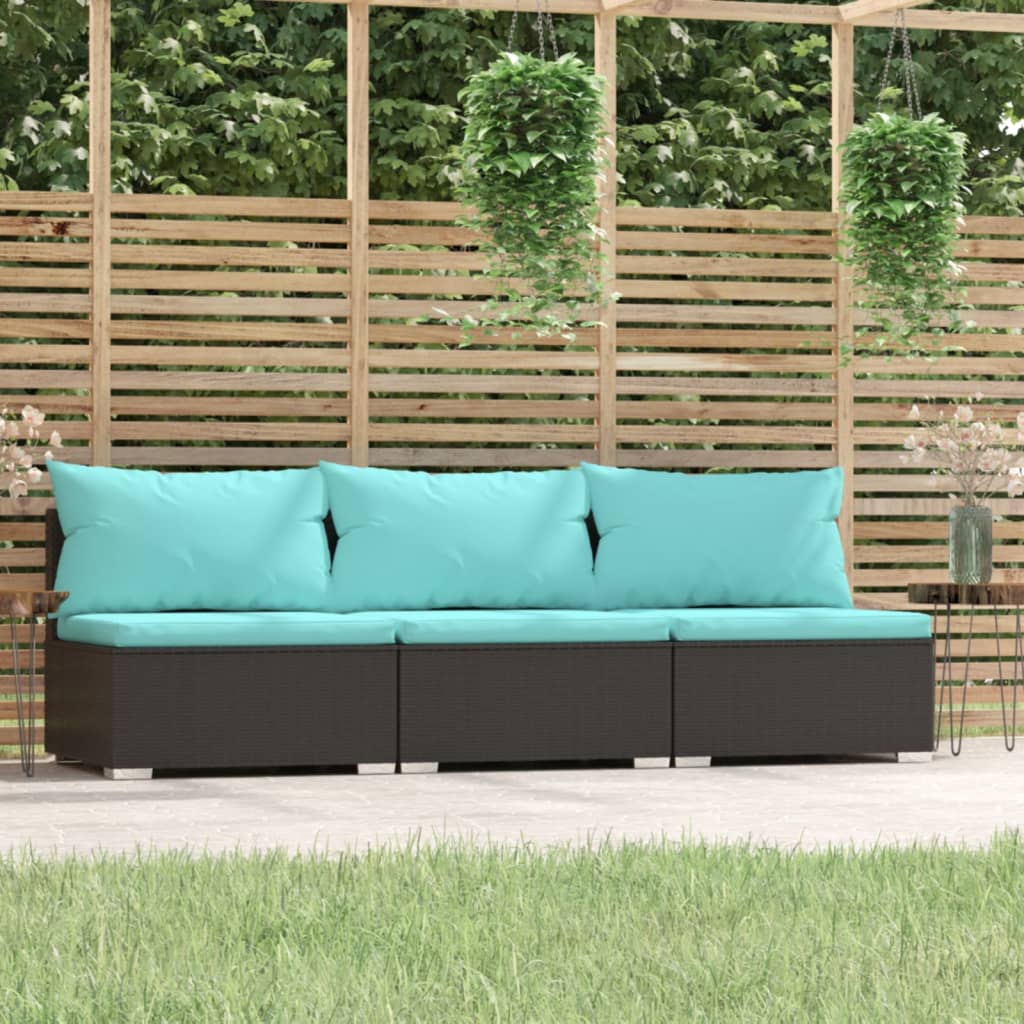 Divano a 3 Posti con Cuscini in Polyrattan Nero | homemem39