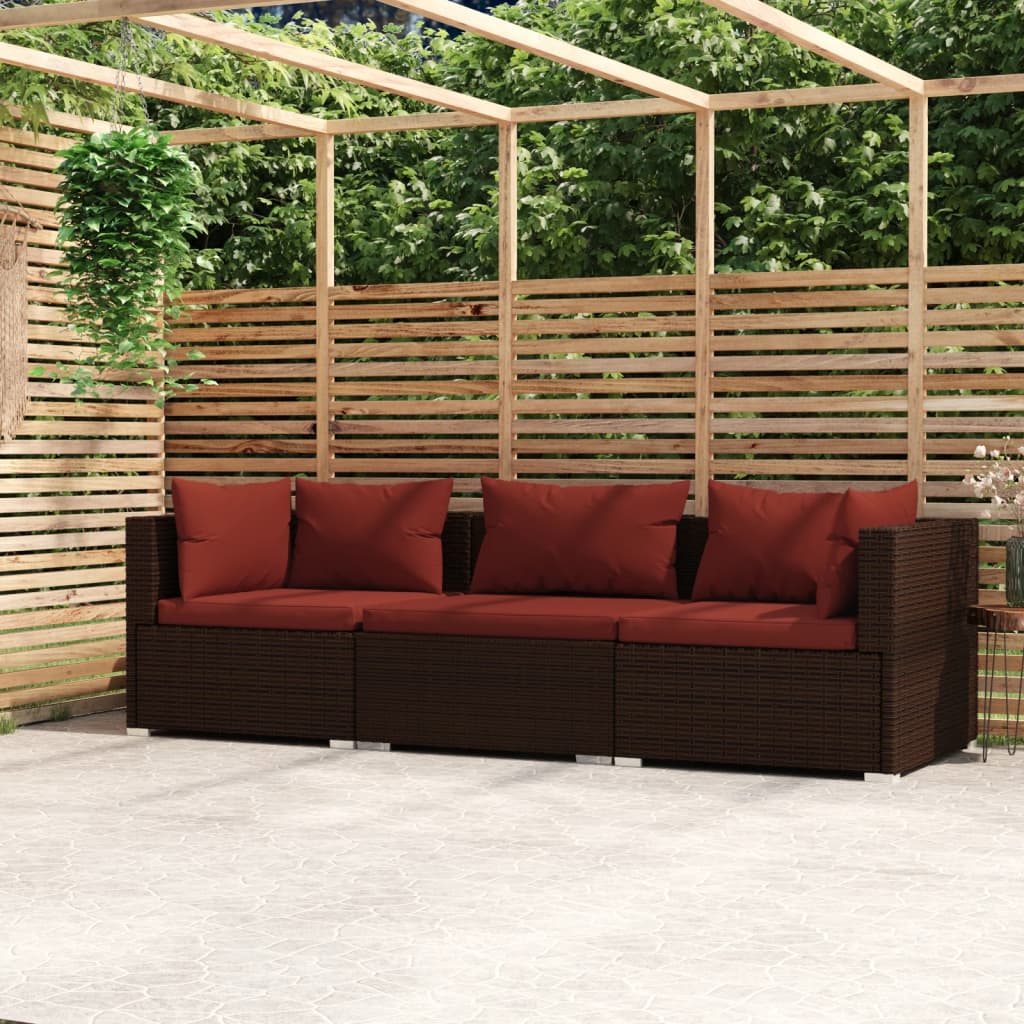 Divano a 3 Posti con Cuscini in Polyrattan Marrone | homemem39