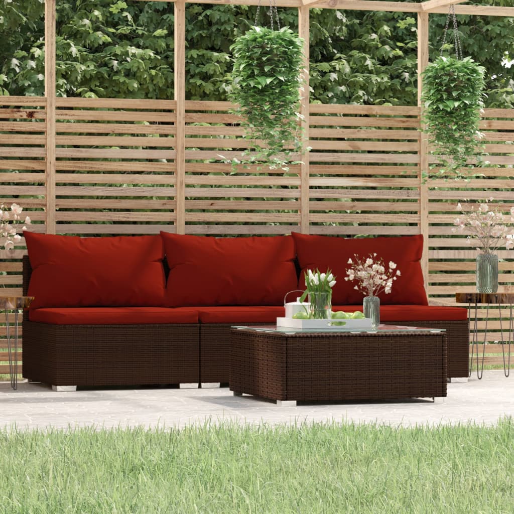 Set Mobili da Giardino 4 pz con Cuscini in Polyrattan Marrone