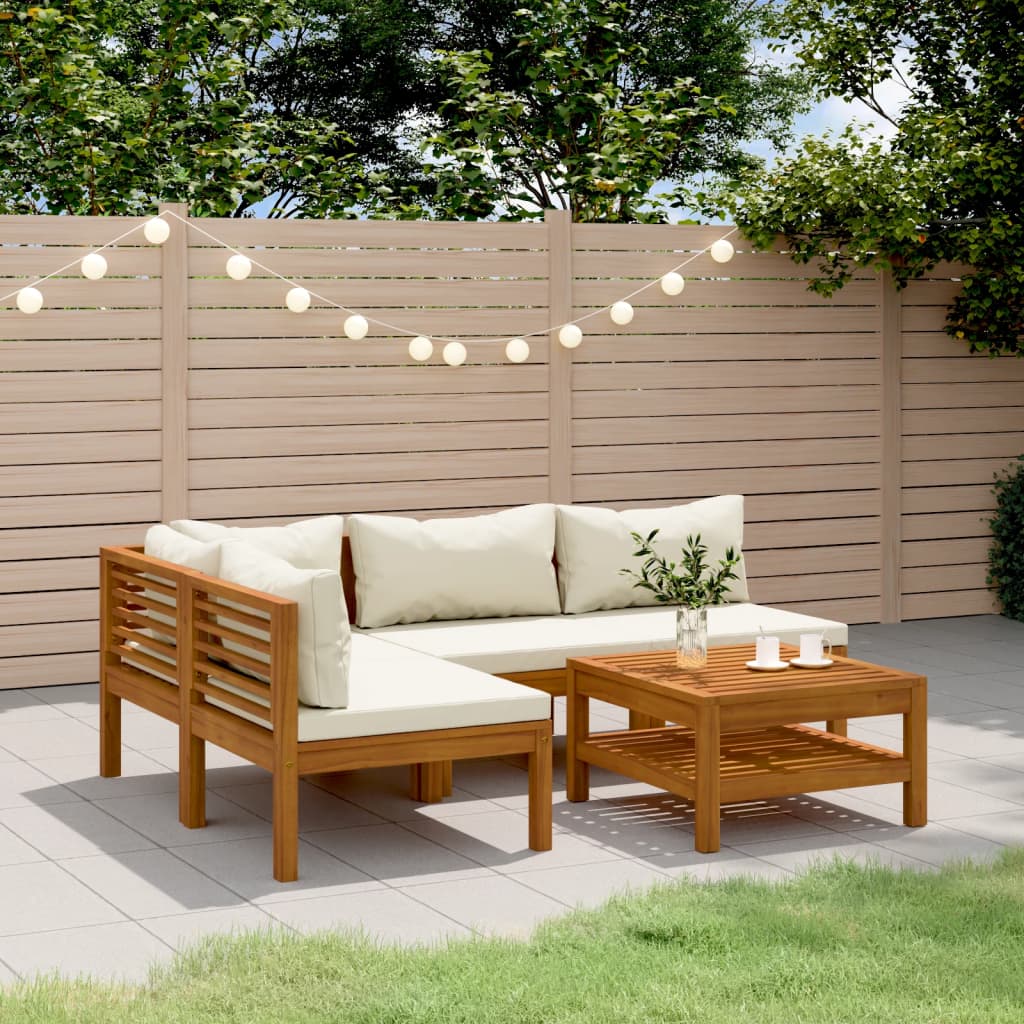 Set Divani da Giardino 5 pz con Cuscini Crema in Legno Acacia | homemem39