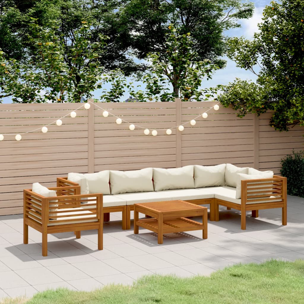 Set Divani da Giardino 7 pz con Cuscini Crema in Legno Acacia | homemem39