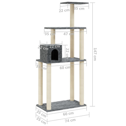 Albero per Gatti con Tiragraffi in Sisal Grigio Scuro 147 cm | homemem39