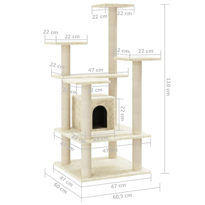 Albero per Gatti con Pali Tiragraffi in Sisal Crema 110 cm | homemem39