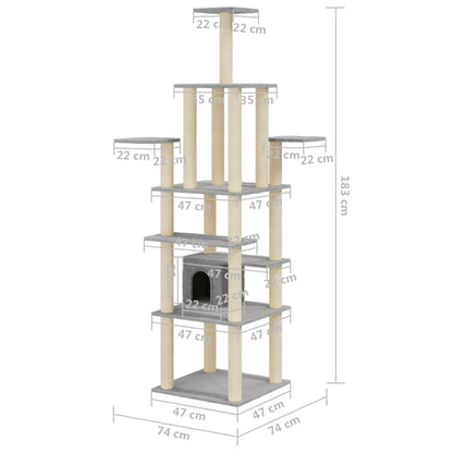 Albero per Gatti con Tiragraffi in Sisal Grigio Chiaro 183 cm | homemem39