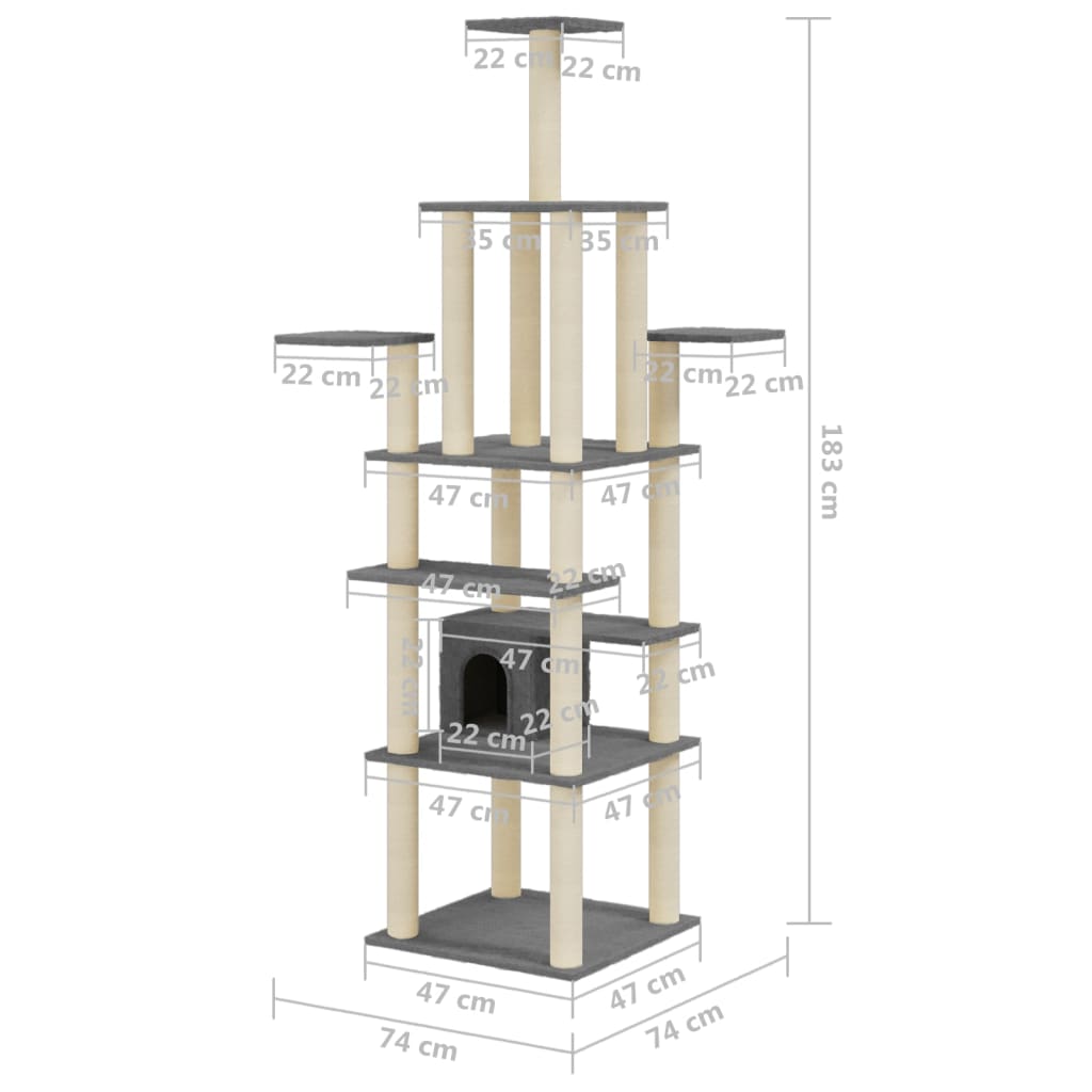 Albero per Gatti con Tiragraffi in Sisal Grigio Scuro 183 cm | homemem39