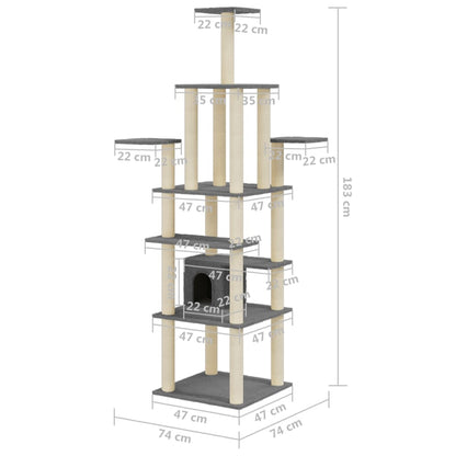 Albero per Gatti con Tiragraffi in Sisal Grigio Scuro 183 cm | homemem39
