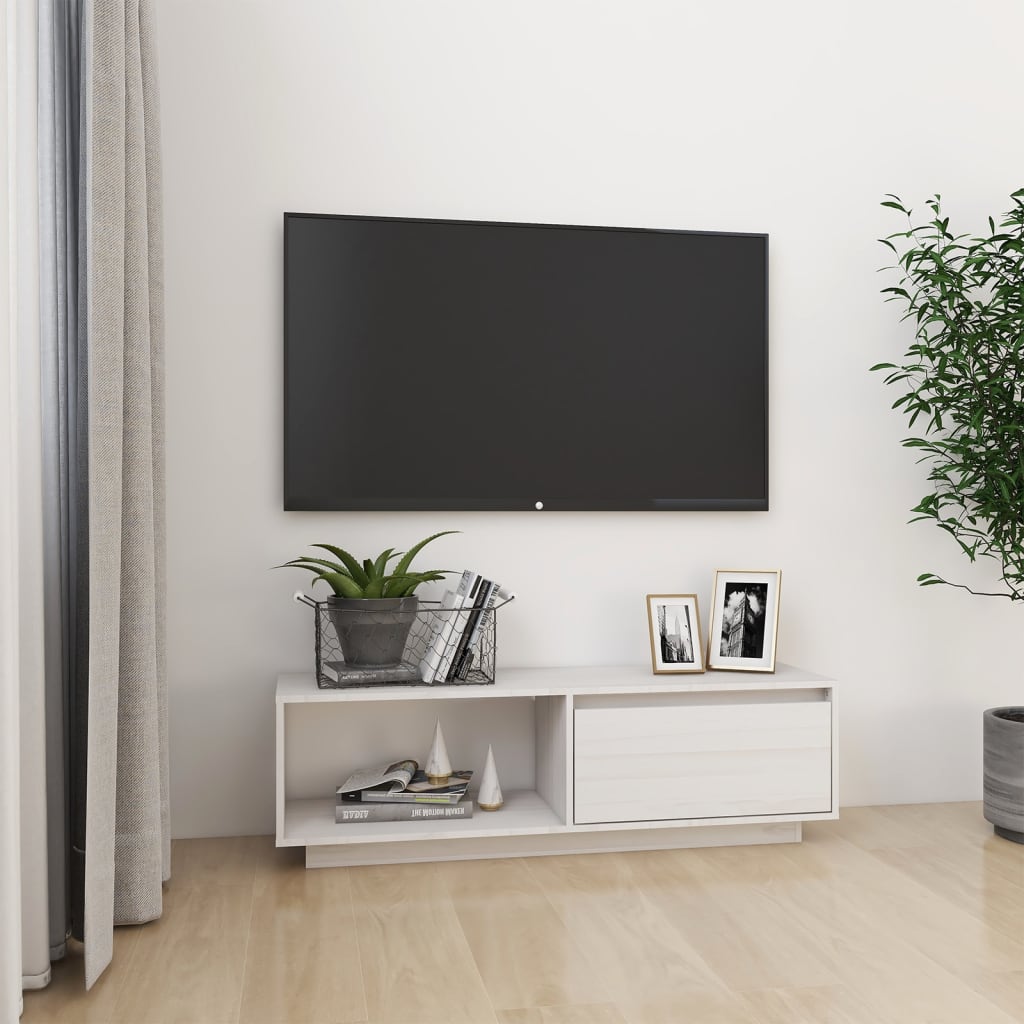 Mobile Porta TV Bianco 110x30x33,5 cm in Legno Massello di Pino - homemem39