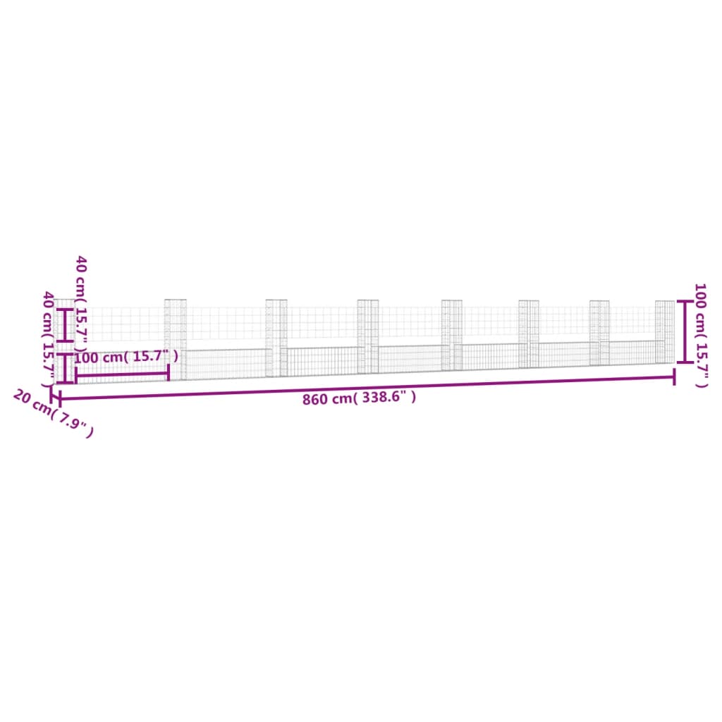 Cesto Gabbione a U con 8 Pali in Ferro 860x20x100 cm