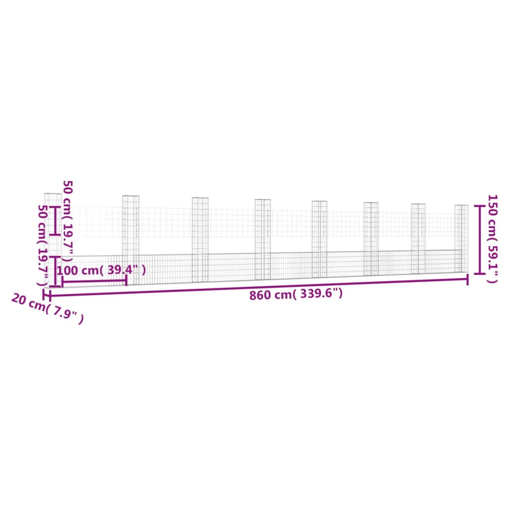 Gabbione a U con 8 Pali in Ferro 860x20x150 cm