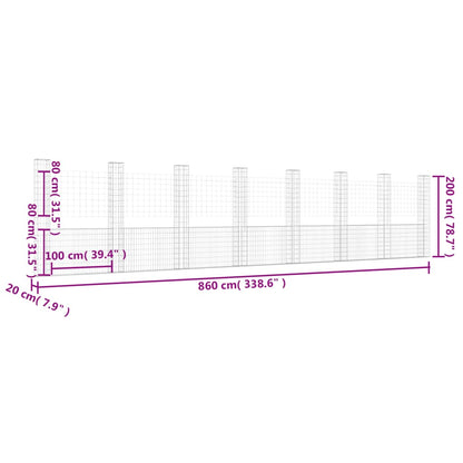 Gabbione a U con 8 Pali in Ferro 860x20x200 cm