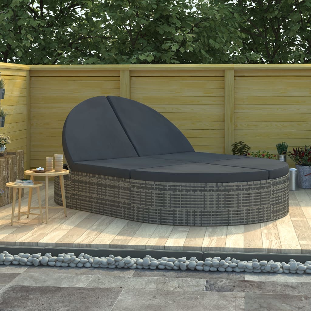 2-Seater Sun Lounger with Gray Polyrattan Cushions