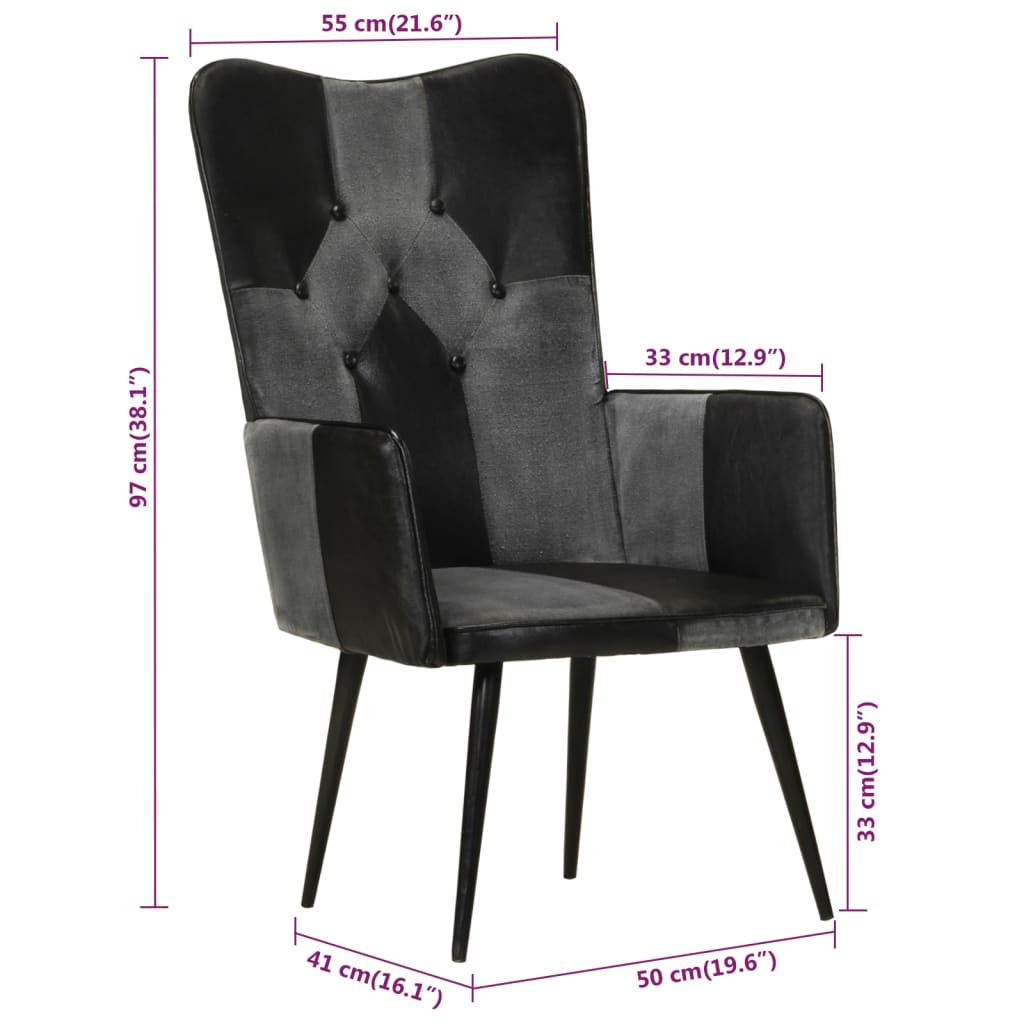 Poltrona Wingback Nera e Grigia in Vera Pelle - homemem39