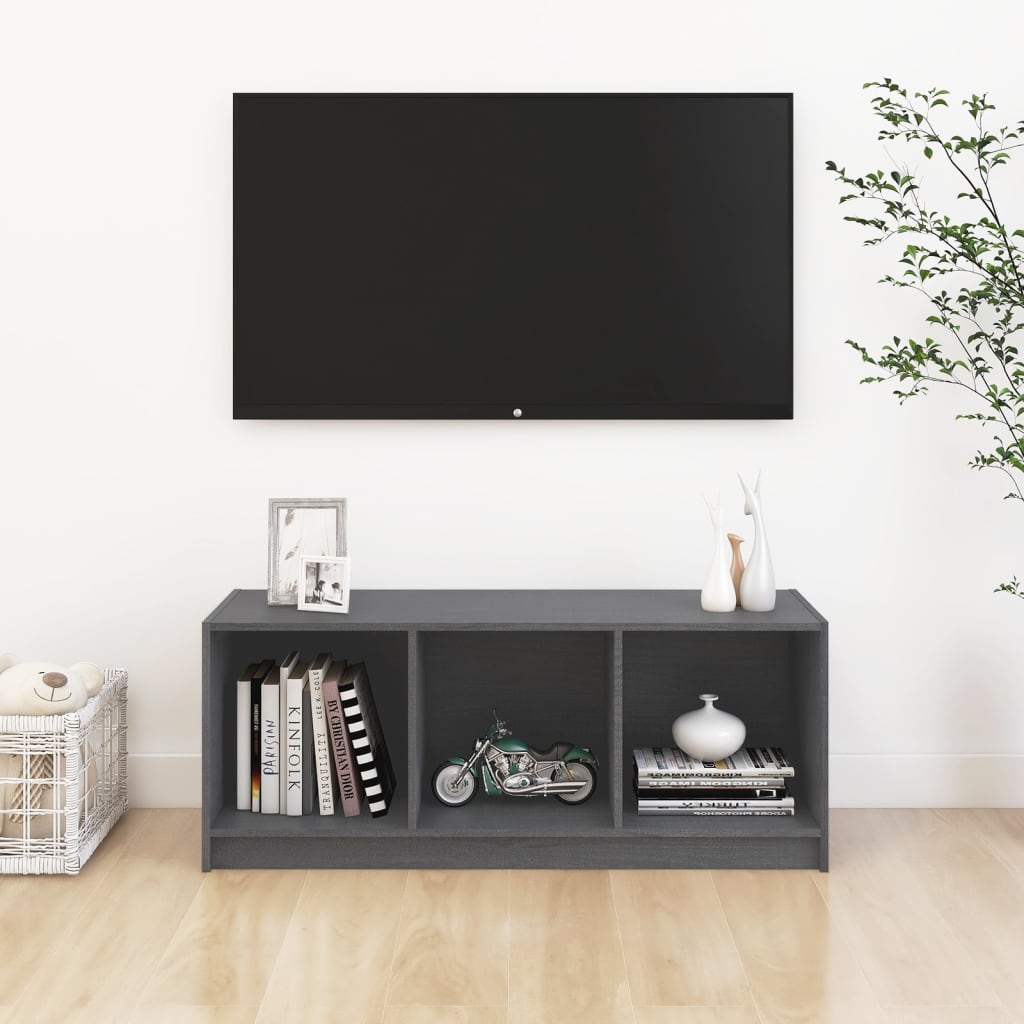Mobile Porta TV Grigio 104x33x41 cm in Legno Massello di Pino - homemem39