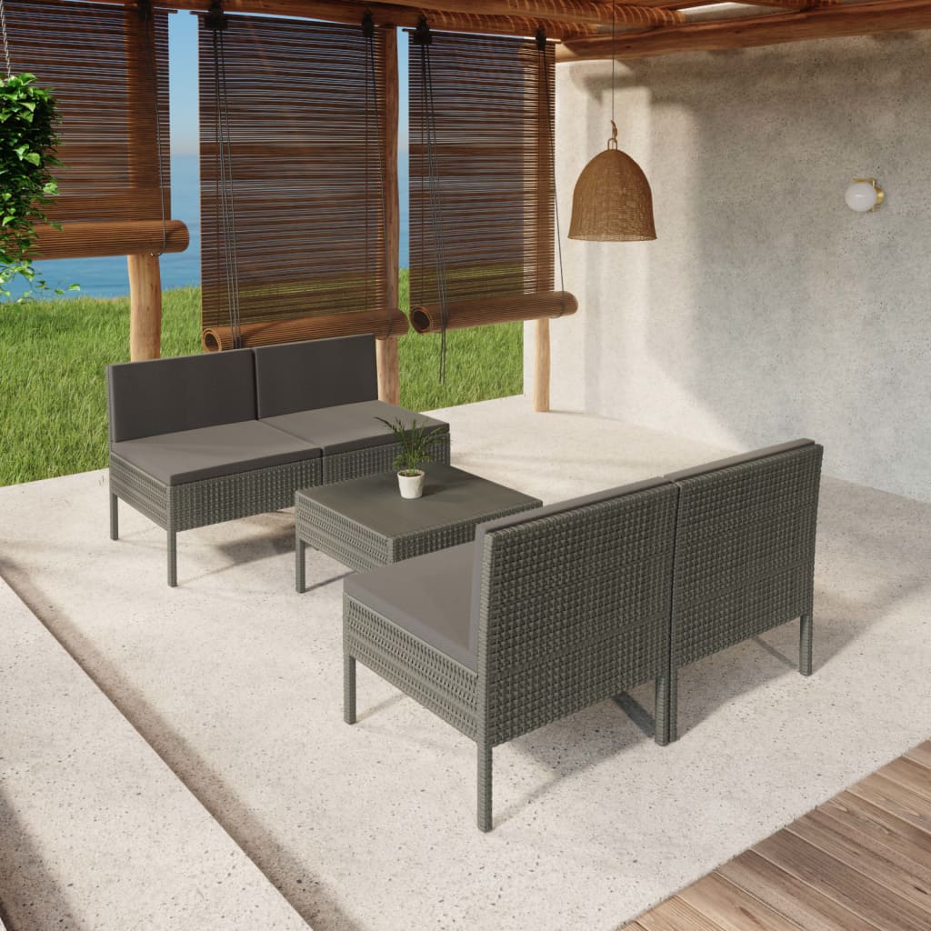 Set Divani da Giardino 5 pz con Cuscini in Polyrattan Grigio | homemem39