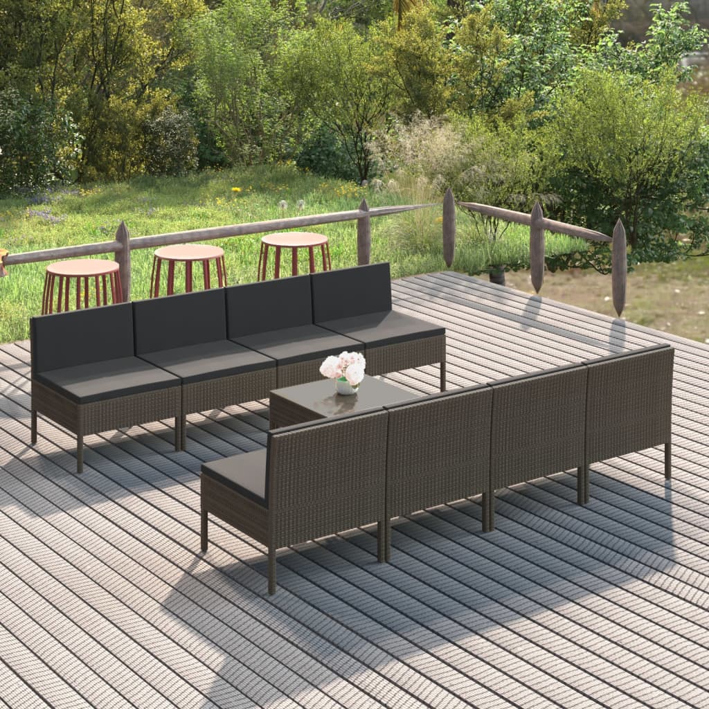 Set Divani da Giardino 9 pz con Cuscini in Polyrattan Grigio - homemem39