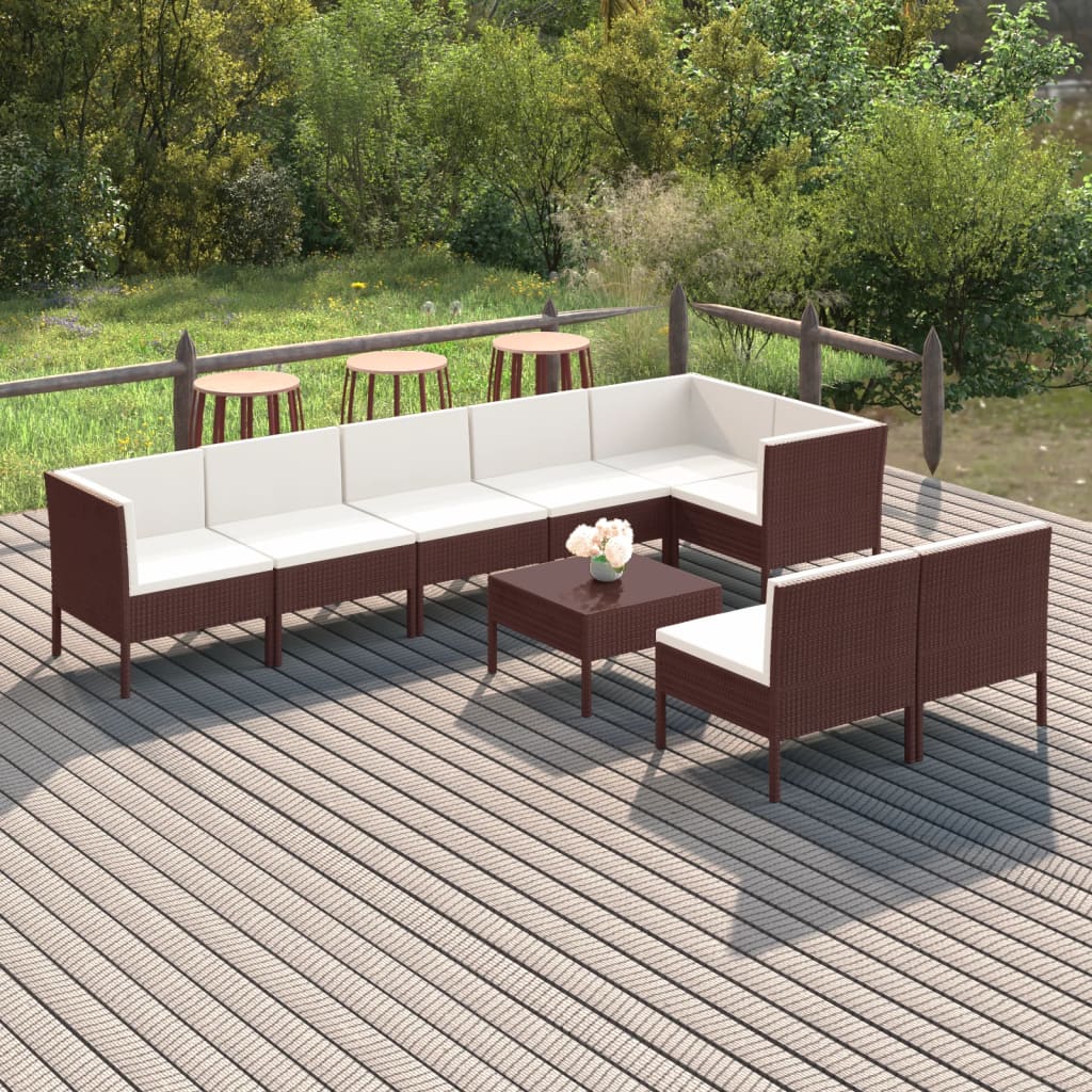 Set Divani da Giardino 9 pz con Cuscini in Polyrattan Marrone