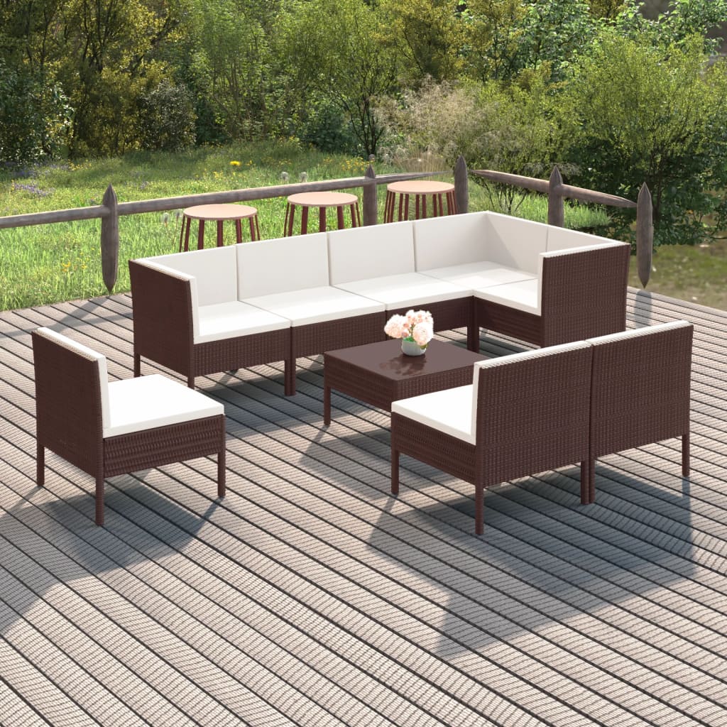 Set Divani da Giardino 9 pz con Cuscini in Polyrattan Marrone