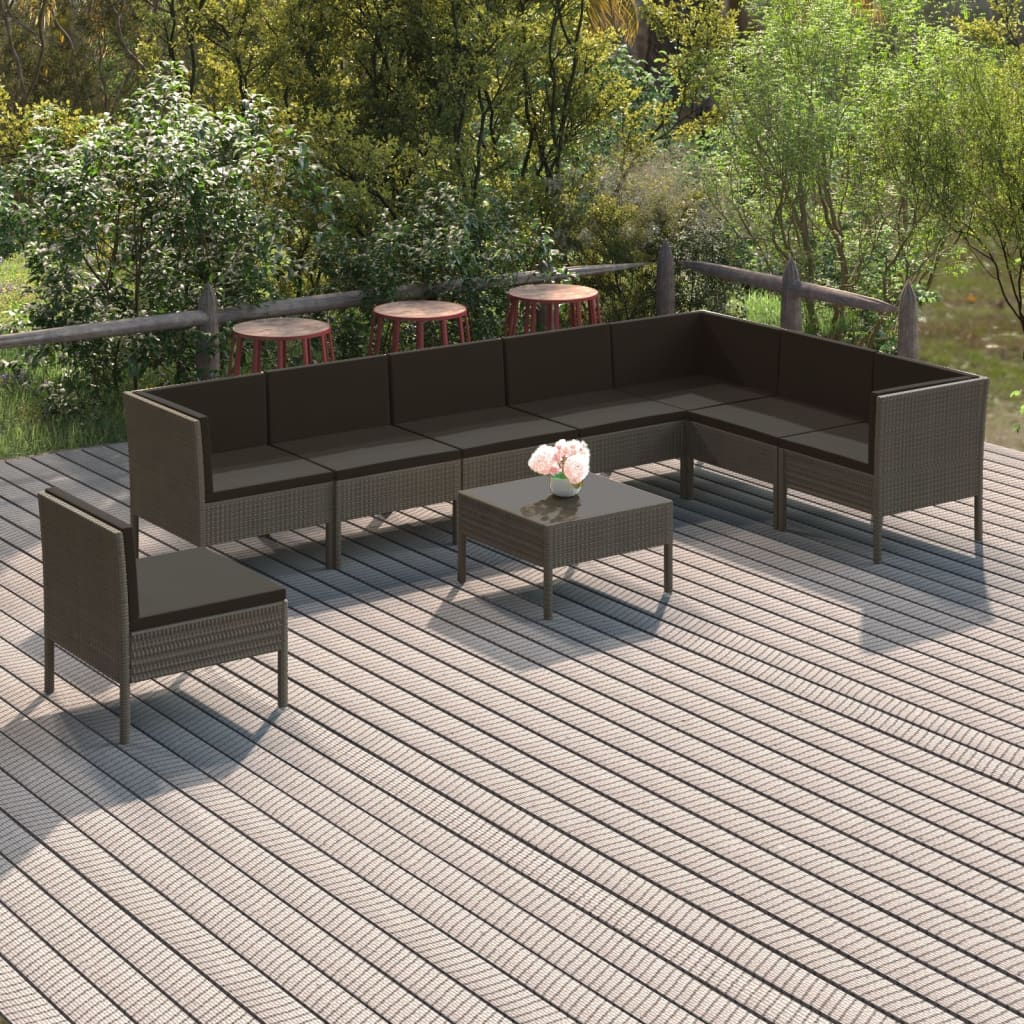 Set Divani da Giardino 9 pz con Cuscini in Polyrattan Grigio | homemem39