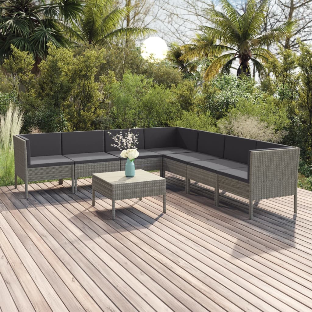 Set Divani da Giardino 8 pz con Cuscini in Polyrattan Grigio - homemem39