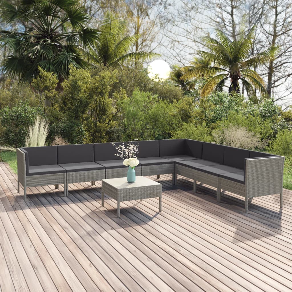 Set Divani da Giardino 9 pz con Cuscini in Polyrattan Grigio | homemem39