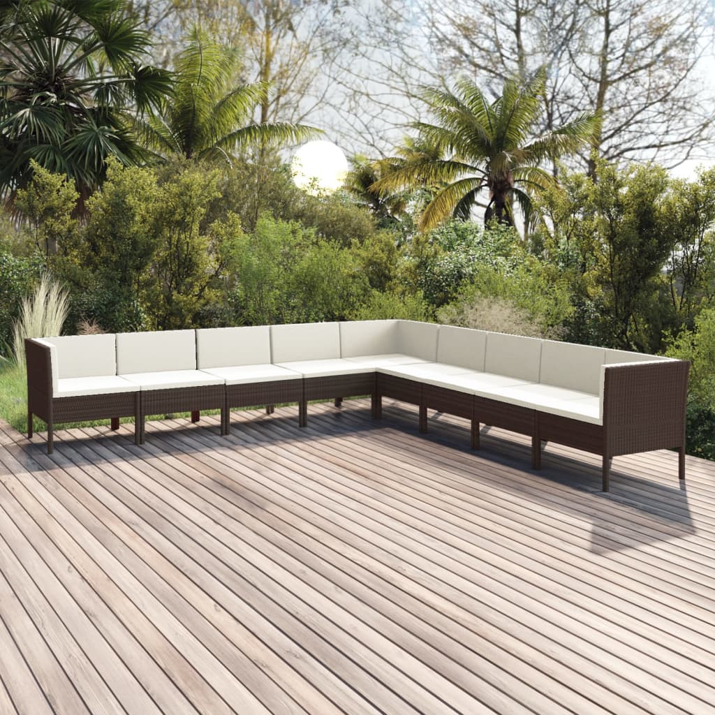 9-teiliges Gartensofa-Set mit braunen Polyrattan-Kissen