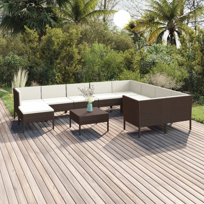 Set Divani da Giardino 11 pz con Cuscini in Polyrattan Marrone