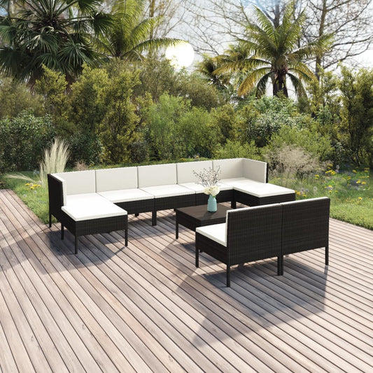 Set Divani da Giardino 10 pz con Cuscini in Polyrattan Nero | homemem39