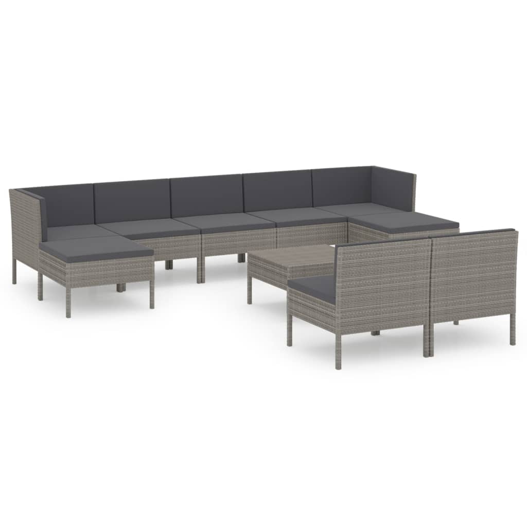 Set Divani da Giardino 10 pz con Cuscini in Polyrattan Grigio | homemem39