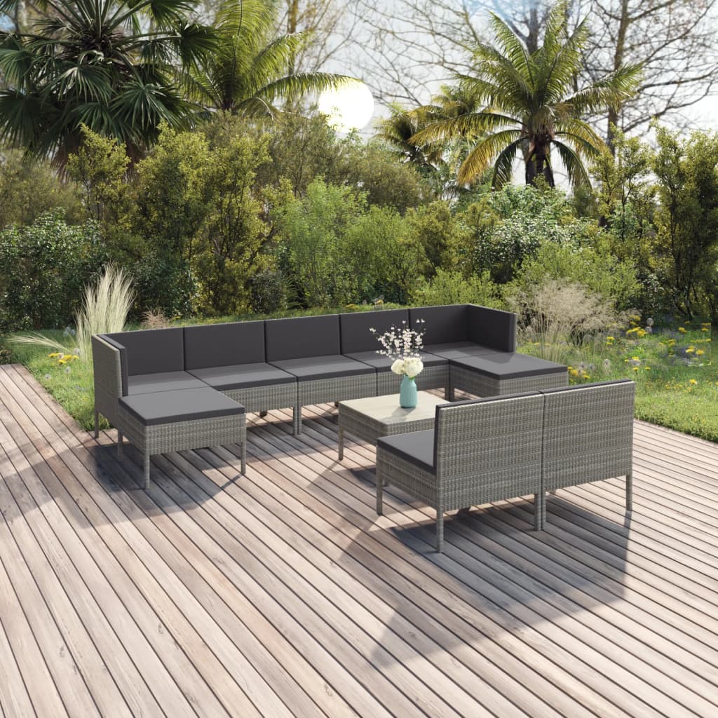 Set Divani da Giardino 10 pz con Cuscini in Polyrattan Grigio | homemem39