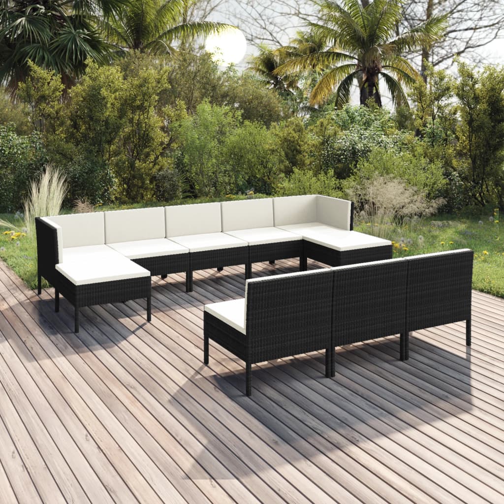 Set Divani da Giardino 10 pz con Cuscini in Polyrattan Nero | homemem39