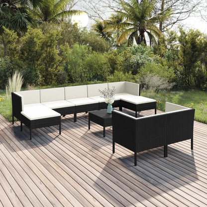 Set Divani da Giardino 10 pz con Cuscini in Polyrattan Nero