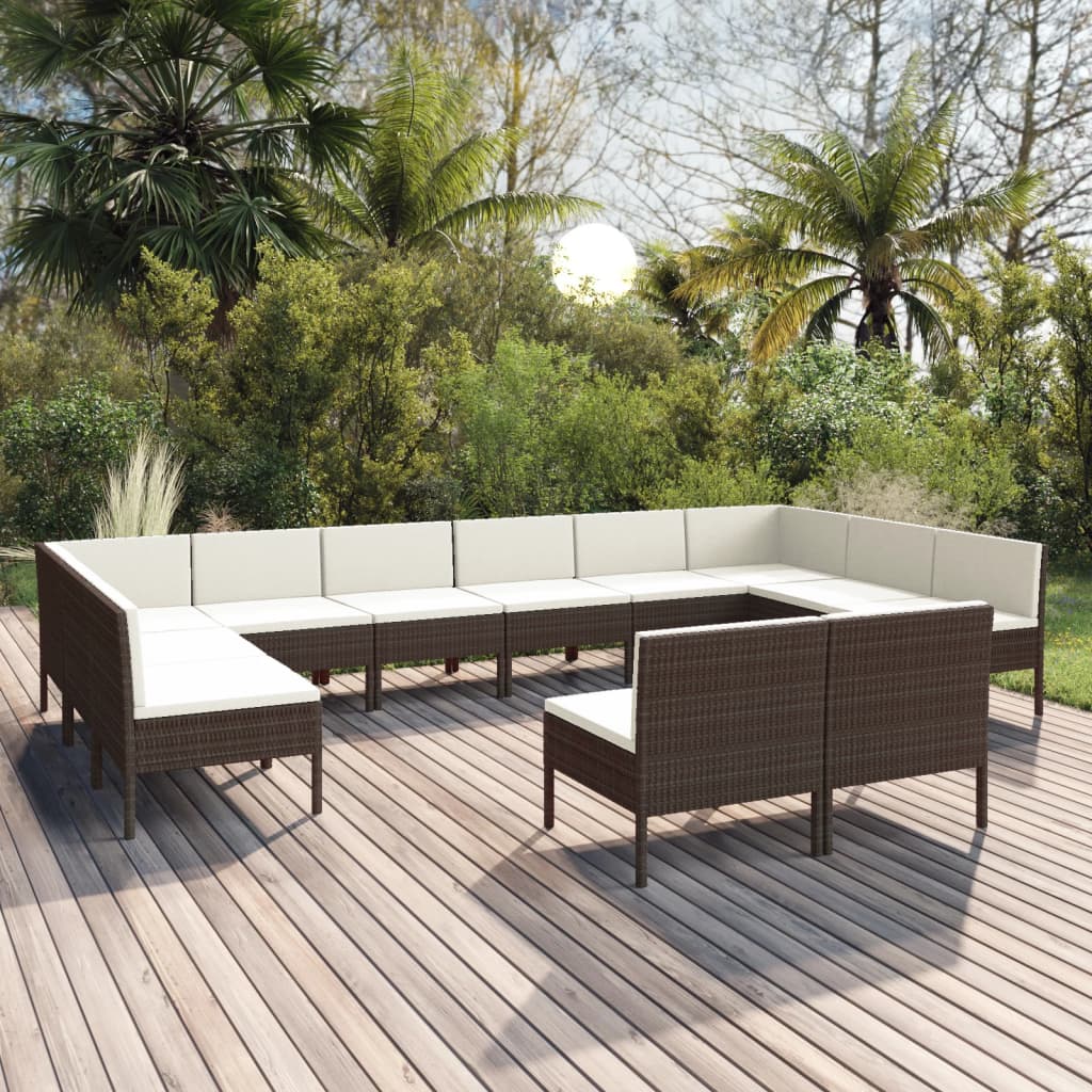 Set Divani da Giardino 12 pz con Cuscini in Polyrattan Marrone