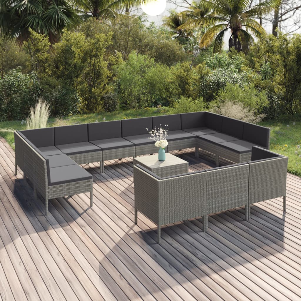 Set Divani da Giardino 14 pz con Cuscini in Polyrattan Grigio | homemem39