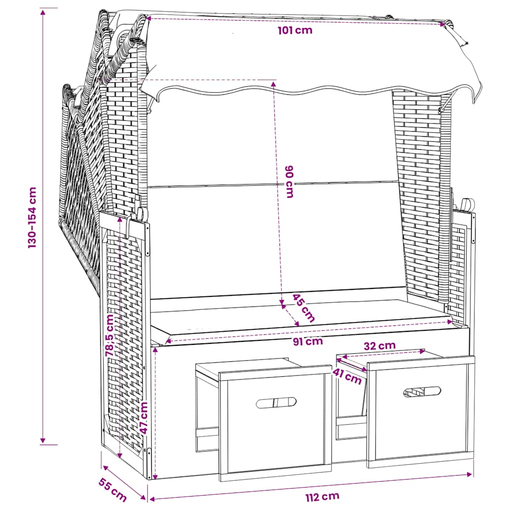 Strandkorb Cuscini Polyrattan e Legno Massello Antracite e Nero | homemem39